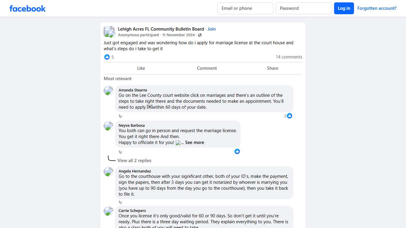 Lehigh Acres FL Community Bulletin Board | Just got engaged and was wondering how do i apply for marriage license at the court house and what’s steps do i take to get it | Facebook